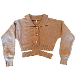 Brown Knit Sweater Collared Button Front Cropped Size XS S